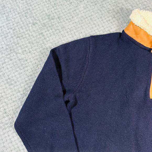 Vtg ORVIS Navy Blue Brown Leather Sherpa Collar Wool Blend Quarterzip Sweater - Picture 2 of 6